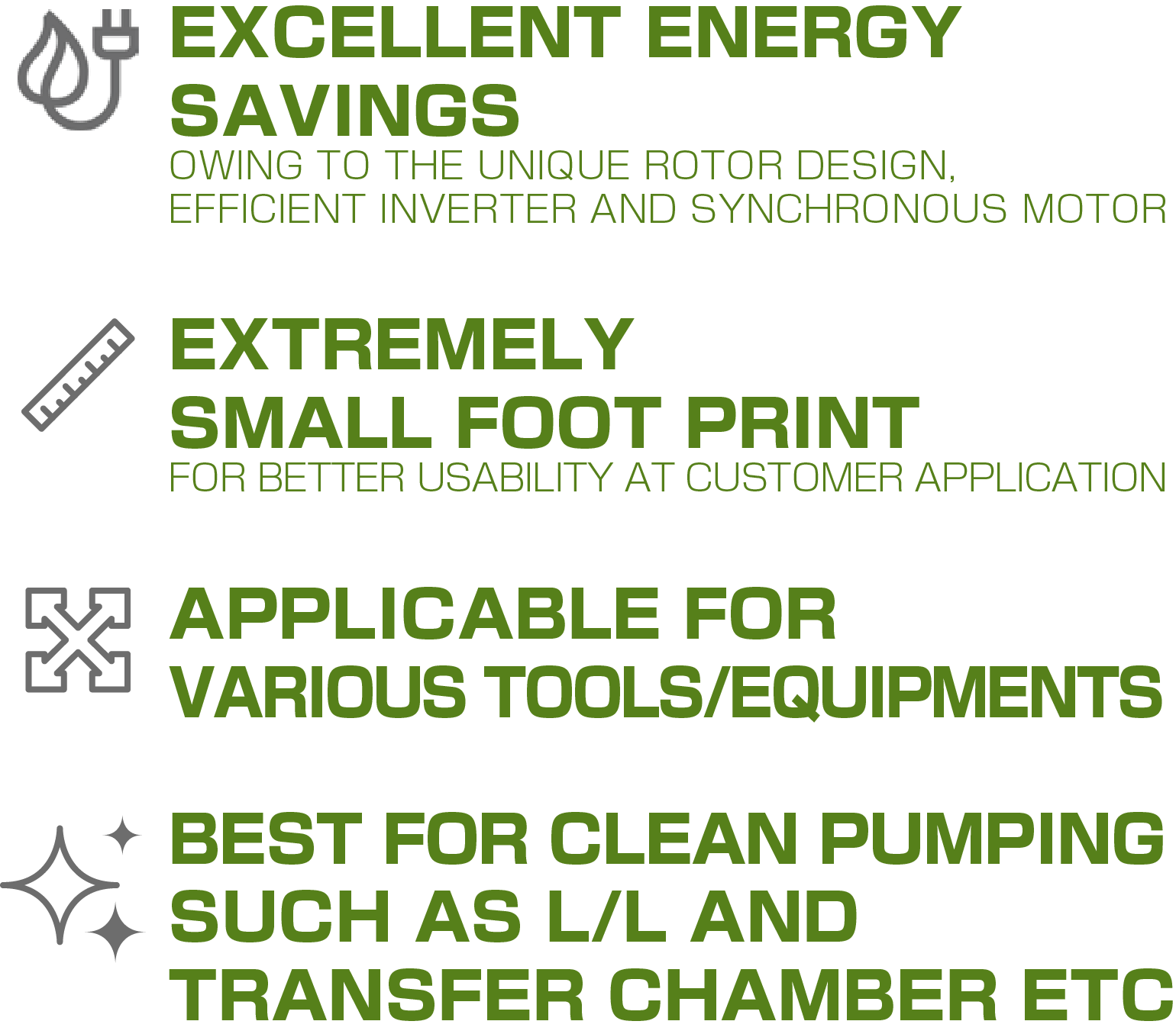 EXCELLENT ENERGY SAVINGS OWING TO THE UNIQUE ROTOR DESIGN, EFFICIENT INVERTER AND SYNCHRONOUS MOTOR EXTREMELY SMALL FOOT PRINT FOR BETTER USABILITY AT CUSTOMER APPLICATION APPLICABLE FOR VARIOUS TOOLS/EQUIPMENTS BEST FOR CLEAN PUMPING SUCH AS L/L AND TRANSFER CHAMBER ETC